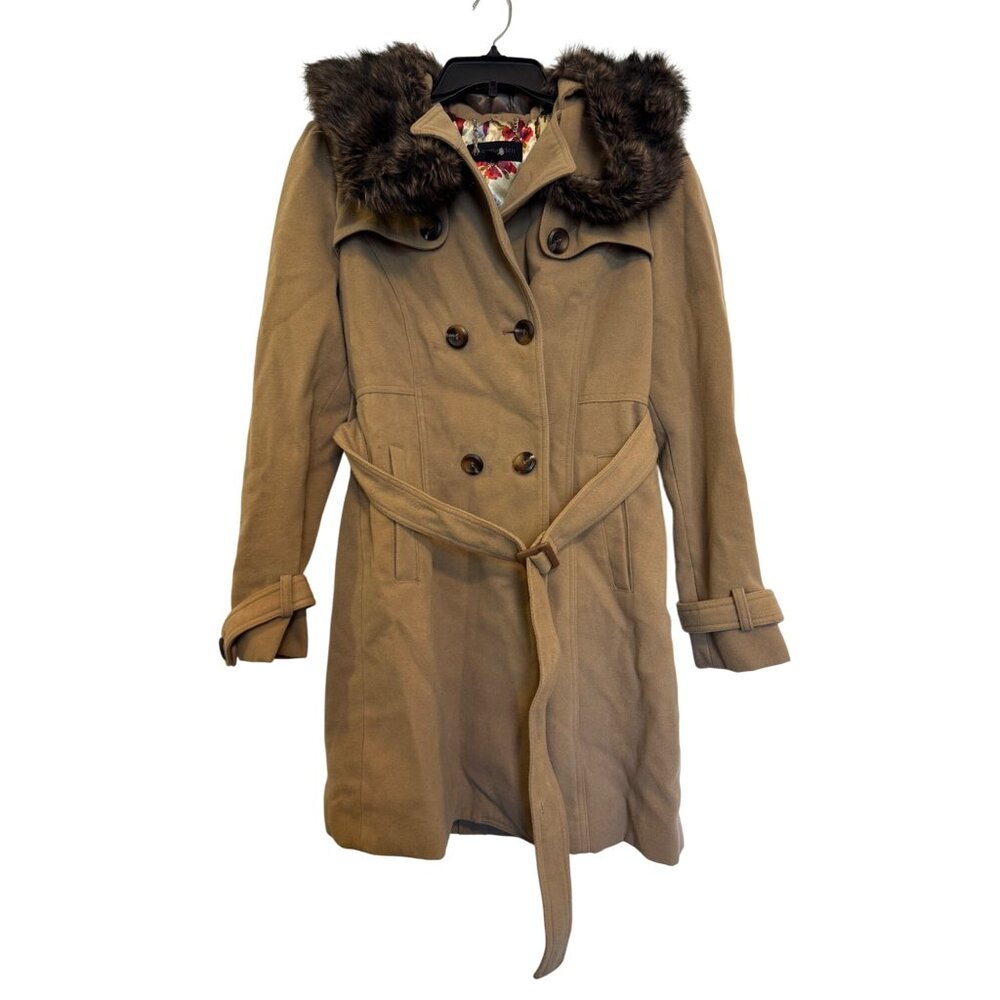 Steve Madden Womens Double-Breasted Trench Coat M Tan Faux Fur Hood Longline